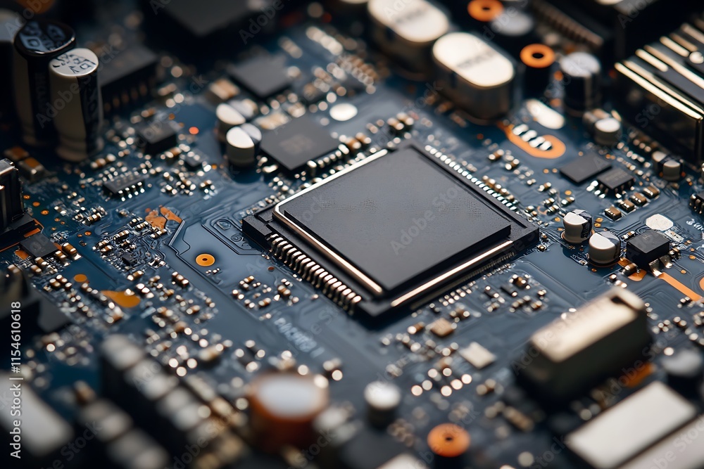 Poster close up of a circuit board with a central processor. concept of technology, electronics, and innova