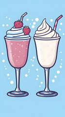 Strawberry & Vanilla Milkshakes, Whipped Cream, Straws, Light Blue Background, Menu Design.