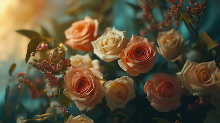 Beautiful arrangement of pastel roses in soft light with greenery. 