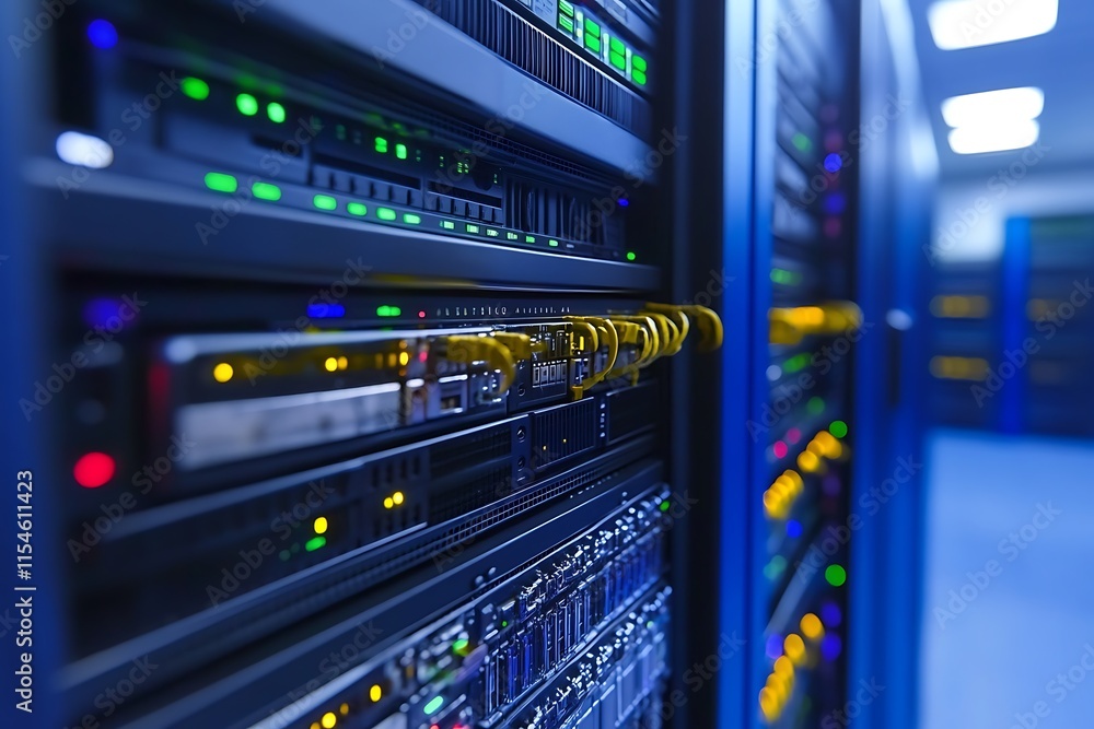 Poster server rack in data center. concept of technology, data, and cloud computing.