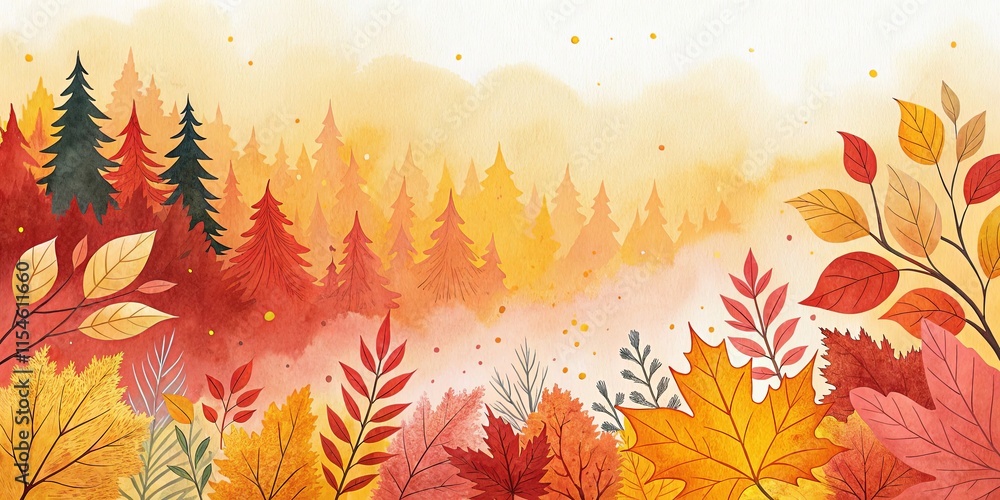 Poster a painting of a forest with trees and leaves in autumn