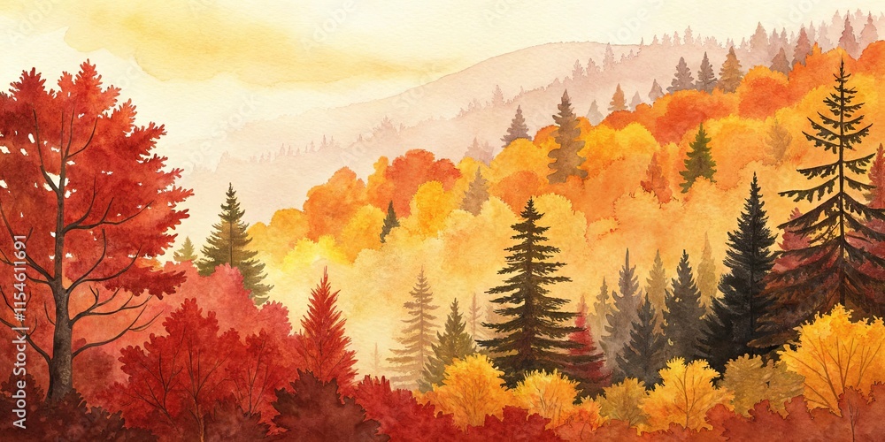 Poster a painting of a forest with trees in autumn colors