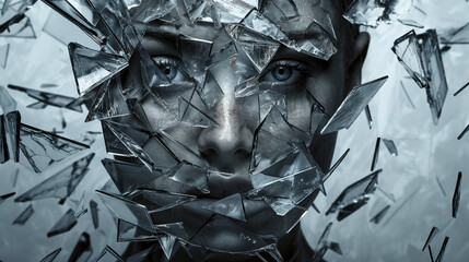 A woman’s face fragmented by shards of glass conveys mental health struggles like trauma or depression. The cool-toned atmosphere emphasizes vulnerability and the emotional process of transformation.