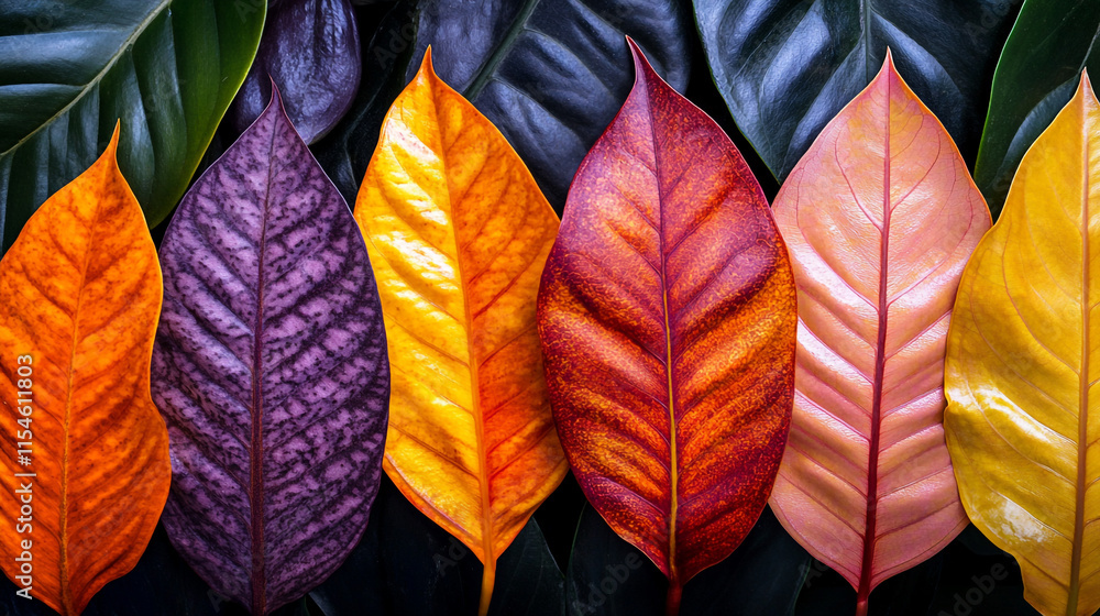 Poster colorful array of autumn leaves displayed on a dark background.