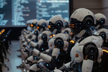 Fototapeta premium A row of humanoid robots seated in a tech environment.