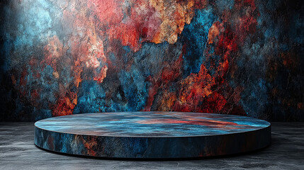Colorful marble podium on grunge background.