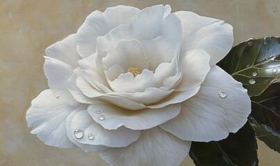 Close-up of a pristine white camellia blossom with dew drops.