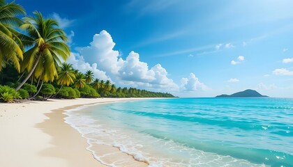 ropical beach with palm trees during a sunny day . Ai Generated