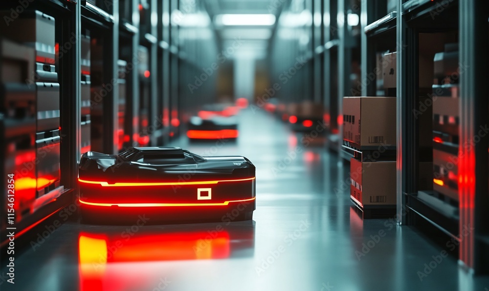 Poster automated robots navigating a warehouse with glowing lights.
