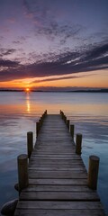 Fototapeta premium Sunset over a Calm Lake with a Wooden Pier