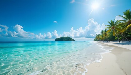 Tropical beach with palm trees during a sunny day . Ai Generated