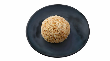 Aromatic mound of cooked rice on a dark plate, isolated on white background