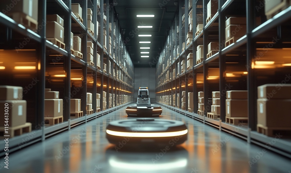 Poster automated robots navigating a warehouse filled with stacked boxes.