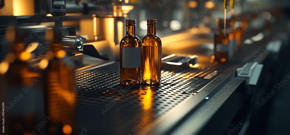 Poster bottles on a production line, illuminated in a factory setting.