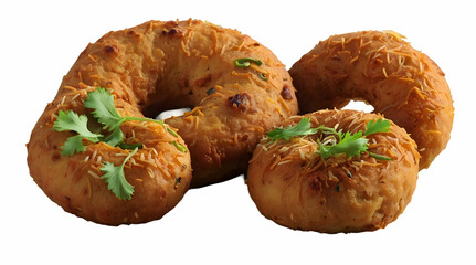 Delicious, golden-brown, cheese-topped Indian snacks isolated on white background