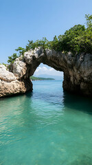 Obraz premium Tropical Island Archway, turquoise water, boat tour, Caribbean sea, travel brochure.