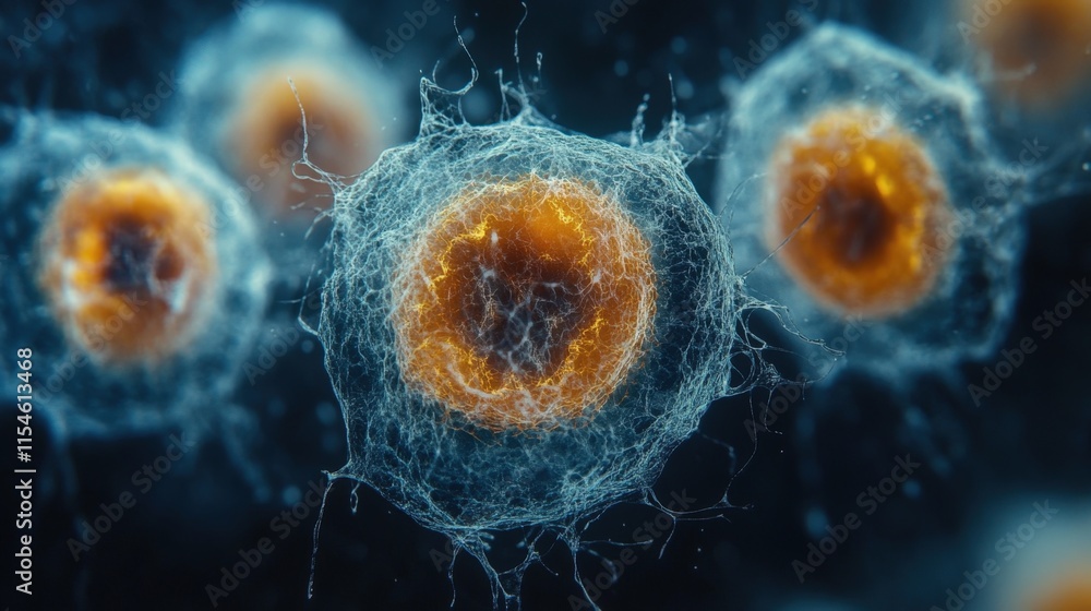 Poster microscopic view of vibrant cells with intricate details, showcasing their complex structures and in