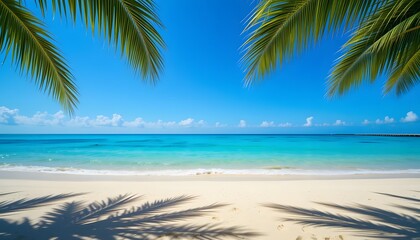 Tropical beach with palm trees during a sunny day . Ai Generated