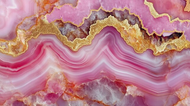 top view on flat surface of pink agate with golden veins, texture background   