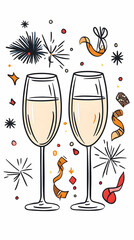 Two Champagne Flutes, Festive Background, New Year's Toast, Celebration Illustration.