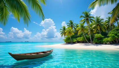 Tropical beach with palm trees during a sunny day . Ai Generated