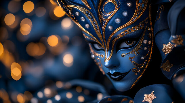 Venetian Blue Mask, Festive Lights, Carnival, Italy, Celebration.