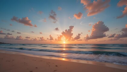 Sunset on the beach Beautiful tranquil scene of empty sand beach turquoise colored water and cloudy sky : Generative AI