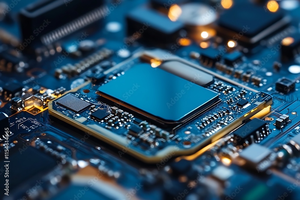 Poster close up of a computer circuit board with a processor. concept of technology, innovation, and digita