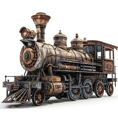 Naklejka premium A vintage steam locomotive with a weathered appearance, showcasing intricate design and machinery. isolated on white background