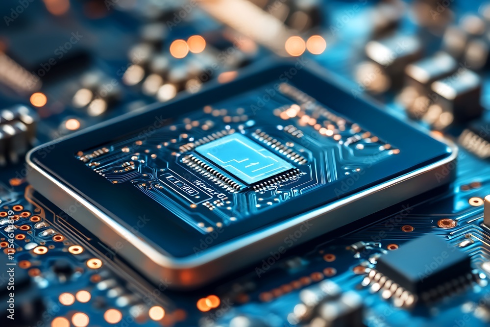 Poster close up of a modern cpu chip on a circuit board. concept of technology, innovation, and computing.