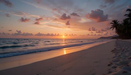 Sunset on the beach Beautiful tranquil scene of empty sand beach turquoise colored water and cloudy sky : Generative AI