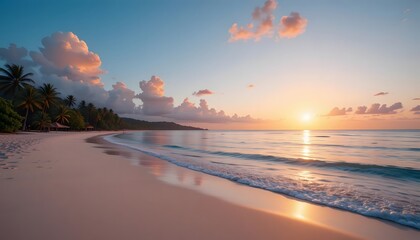 Sunset on the beach Beautiful tranquil scene of empty sand beach turquoise colored water and cloudy sky : Generative AI