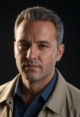 Fototapeta premium Serious man with gray hair wearing a light jacket and a blue shirt against a dark background