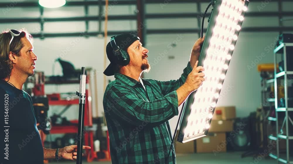 Poster a technician demonstrating a remotecontrolled led lighting system adjusting intensity and color temp