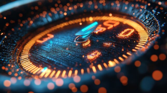 Futuristic digital speedometer with glowing orange and blue lights.