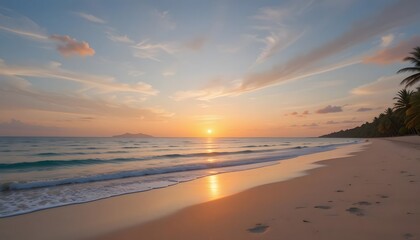 Sunset on the beach Beautiful tranquil scene of empty sand beach turquoise colored water and cloudy sky : Generative AI