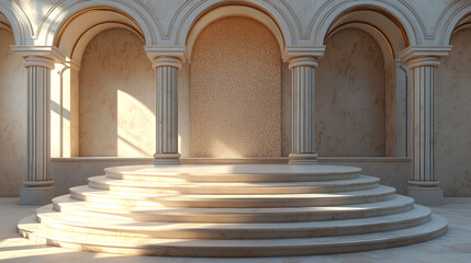 Elegant round marble staircase in classical architecture interior with columns and arches.