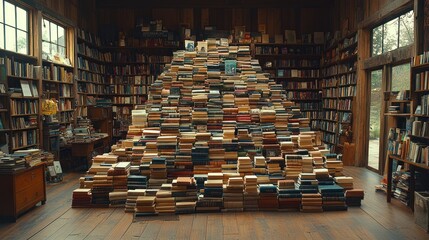 A cozy library with a large pyramid of stacked books, creating a warm reading atmosphere.