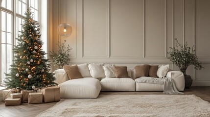 Modern minimalist Christmas decor: neutral tones, geometric ornaments, white lights, and a sleek pine tree in a contemporary living room.