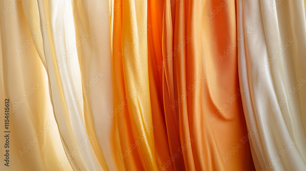 Poster textiles in warm colors displayed elegantly in a soft, flowing arrangement.
