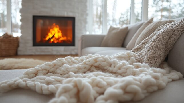 A cozy living room with a warm fireplace and a knitted blanket on a sofa.