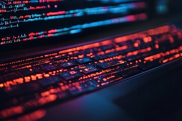 Obraz premium Close up of glowing keyboard over coding screen. Concept of programming, technology, and innovation.
