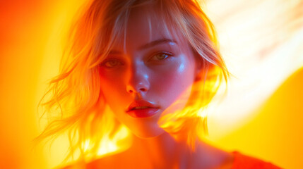 Obraz premium Young woman with short blonde hair against a vibrant orange background at sunset. 