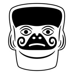 Stylized human head. Native American art of Moche Indians of ancient Peru. Mochica ethnic mask. Black and white silhouette.