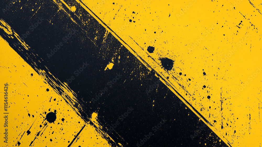Poster black and yellow abstract design with paint splatters on a textured surface.