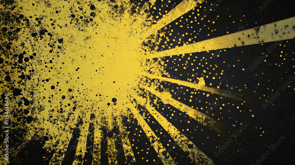 Poster bright yellow splatter pattern with radiating lines on a dark background.