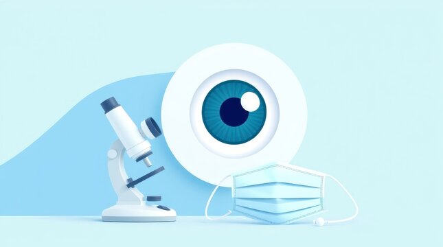 A stylized image featuring a microscope, a large eye, and a medical mask, symbolizing science and health.