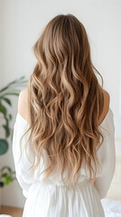 Woman's Long Wavy Blonde Hair, Back View, Bright Room, Plant Background, Haircare Advertisement.