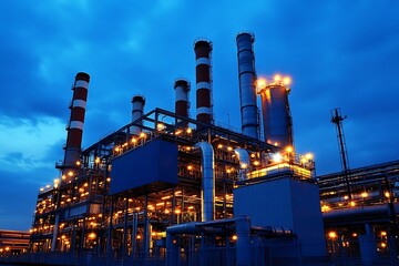 Obraz premium Industrial plant at night. Concept of energy, industry, and manufacturing.