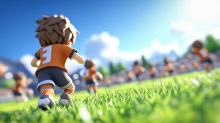 Youth soccer match in a vibrant park setting animated characters dynamic action outdoor environment low angle view